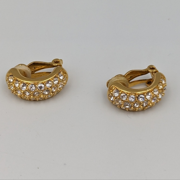 Vintage Swarovski Crystal Pave Clip on Earrings Half Hoop Signed - Picture 2 of 9